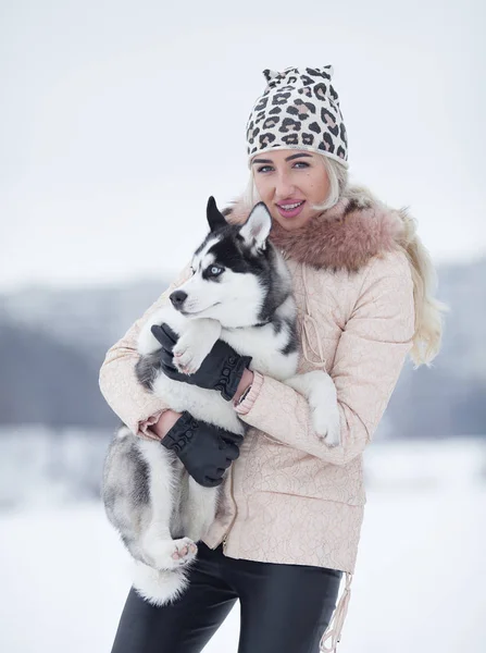 Boldog Mosolygó Kaukázusi Szőke Husky Kutya Együtt Játszanak Szabadban Télen — Stock Fotó