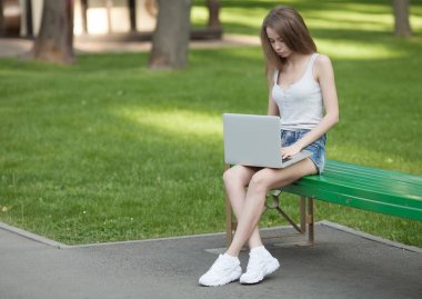 kadın ile bir dizüstü bilgisayar kucağında oturan ve yazarak Park