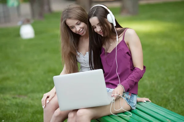 Дві Дівчини Сидять Лавці Літньому Парку Вони Дивляться Екран Ноутбука — стокове фото
