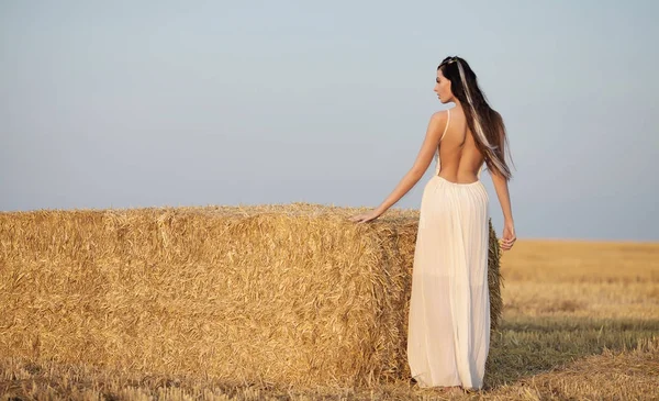 Mulher elegante atraente em vestido de verão branco longo perto de fardo de feno no prado — Fotografia de Stock