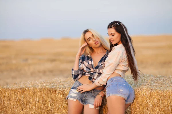 Dos chicas felices en el heno. Sexy morena y mujeres rubias en el campo . — Foto de Stock