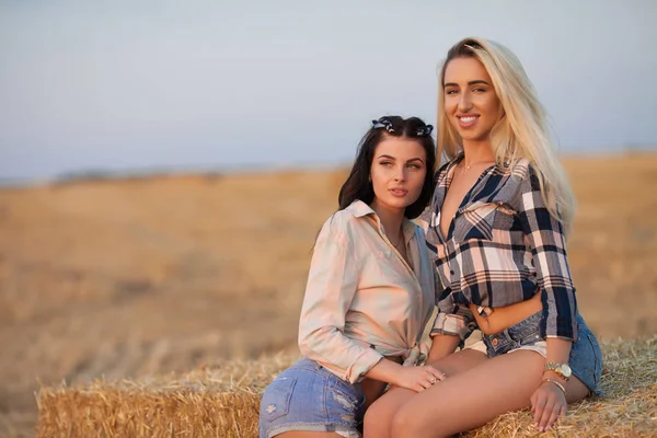 Dos chicas felices en el heno. Sexy morena y mujeres rubias en el campo . —  Fotos de Stock