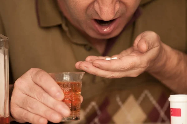 Close Older Man Sipping His Drugs Alcohol — Stock Photo, Image