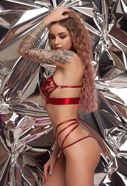 Sexy Sensual Girl Red Lingerie Silver Background — Stock Photo, Image