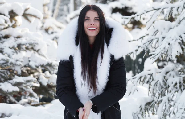 Χειμερινό Πορτρέτο Της Όμορφης Χαμογελαστής Γυναίκας Νιφάδες Χιονιού Άσπρες Γούνες — Φωτογραφία Αρχείου