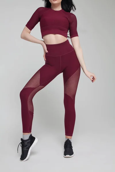 Mujer Fitness Ropa Deportiva Negra Aislada Gris —  Fotos de Stock