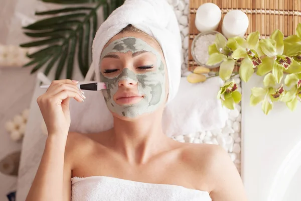 Beautiful Woman Having Clay Facial Mask Apply Beautician — Stock Photo, Image