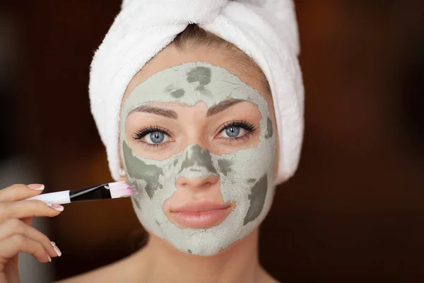 Beautiful Woman Having Clay Facial Mask Apply Beautician — Stock Photo, Image