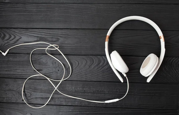 Headphones Black Wooden Background — Stock Photo, Image
