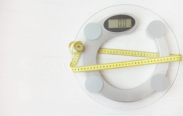 Tape Measure White Scale Wooden Surface Background Dieting Weight Loss — Stock Photo, Image