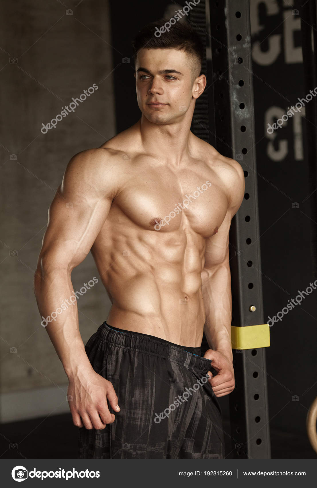 Healthy Young Man Standing Strong Gym Flexing Muscles Muscular
