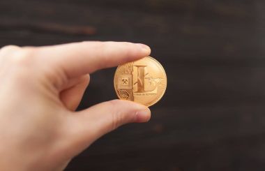 Elini altın litecoin kahverengi bir arka plan üzerinde tutuyor. İş değeri litecoin çok pahalı.
