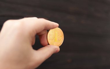 Elini altın litecoin kahverengi bir arka plan üzerinde tutuyor. İş değeri litecoin çok pahalı.