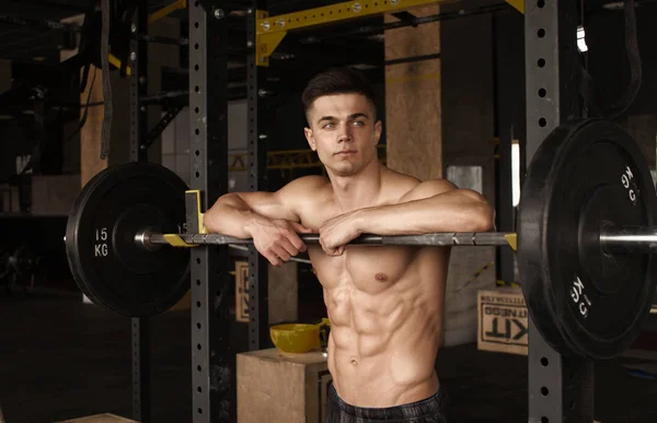 Healthy Young Man Standing Strong Gym Flexing Muscles Muscular Athletic — Stock Photo, Image