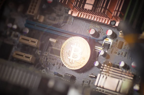 Bitcoin. Altın Bitcoin elektronik bilgisayar işlemci kartı.