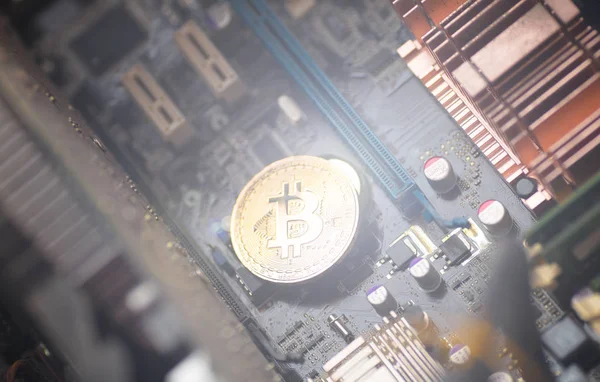 Bitcoin. Altın Bitcoin elektronik bilgisayar işlemci kartı.