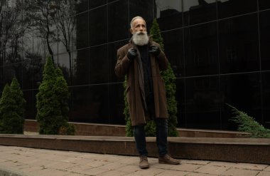 Sakallı yakışıklı, kendine güvenen olgun bir adam mesaj ya da reklam için fotokopi yeri olan paltoda duruyor. Pahalı kıyafetler giymiş, dışarıda poz veren şık zengin bir erkek..