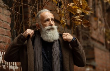 Sakallı yakışıklı, kendine güvenen olgun bir adam mesaj ya da reklam için fotokopi yeri olan paltoda duruyor. Pahalı kıyafetler giymiş, dışarıda poz veren şık zengin bir erkek..