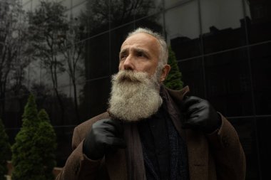 Sakallı yakışıklı, kendine güvenen olgun bir adam mesaj ya da reklam için fotokopi yeri olan paltoda duruyor. Pahalı kıyafetler giymiş, dışarıda poz veren şık zengin bir erkek..