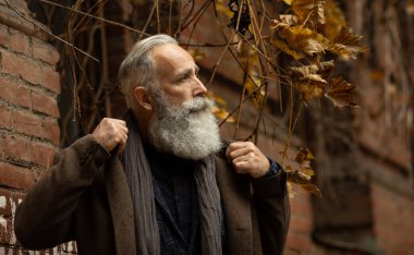 Sakallı yakışıklı, kendine güvenen olgun bir adam mesaj ya da reklam için fotokopi yeri olan paltoda duruyor. Pahalı kıyafetler giymiş, dışarıda poz veren şık zengin bir erkek..