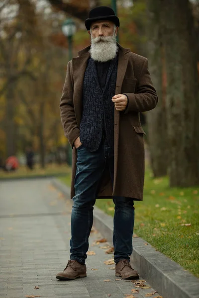 Handsome Confident Mature Man Beard Stands Coat Street Copy Space — Stock Photo, Image