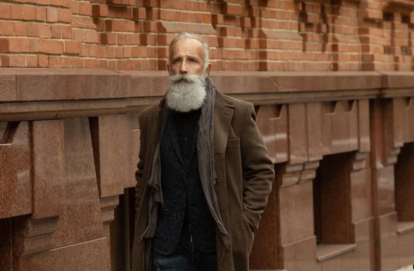 Schöner Selbstbewusster Älterer Mann Mit Bart Steht Mantel Auf Der — Stockfoto