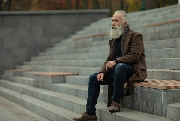 Portrait Handsome Mature Man Outdoors Old Man Grey Beard Fashion — Stock Photo, Image