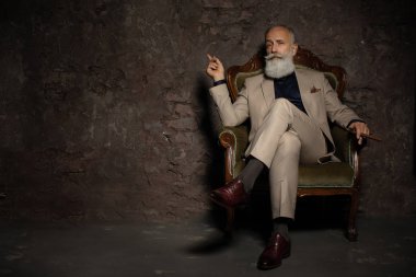 Klasik iç koltukta oturan resmi bir kostüm yakışıklı bir olgun adamın bir portre. Erkek güzelliği, moda.