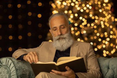 Kitap okumakla ilgiliydi. Koltukta oturan sakallı iş adamı okumakla meşgul.