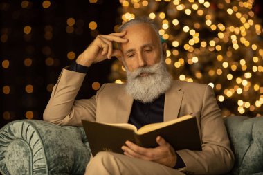 Kitap okumakla ilgiliydi. Koltukta oturan sakallı iş adamı okumakla meşgul.