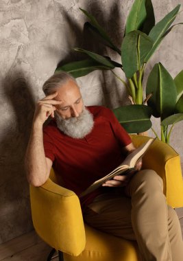 Ciddi sakallı kıdemli adam dairedeki rahat koltukta otururken ilginç bir kitap okuyor.. 