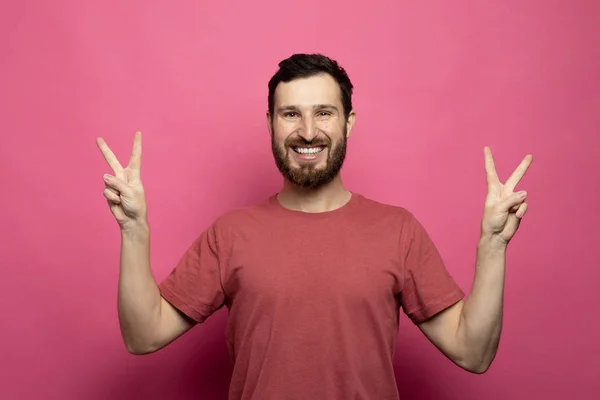 Portrait Handsome Young Bearded Man Laughing Pink Background — Stock Photo, Image