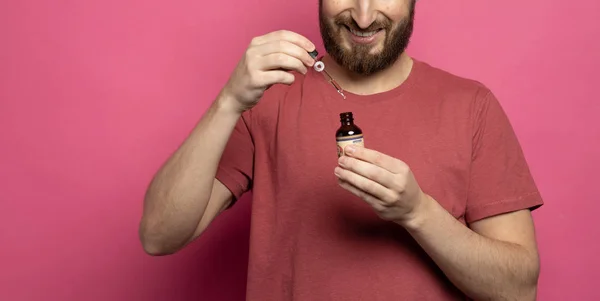 Handsome Young Man Beard Oil Pink Background — Stok fotoğraf