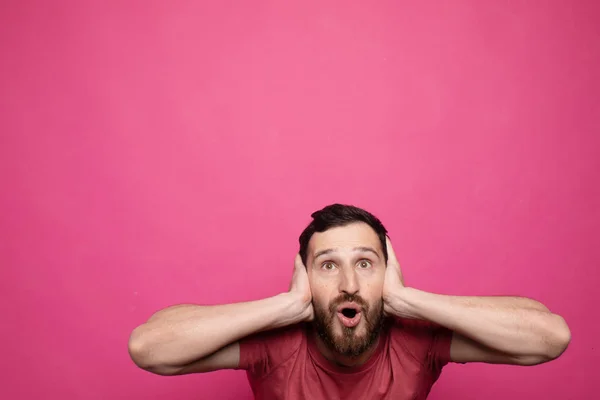 Happy Glad Young Bearded Man Shoked Great News Pink Background — Stockfoto