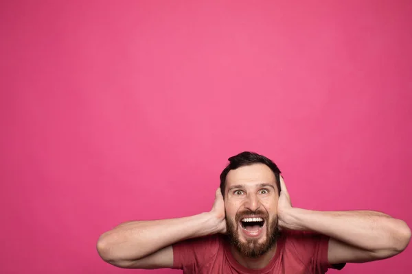 Happy Glad Young Bearded Man Shoked Great News Pink Background — Stockfoto