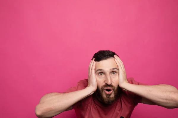 Happy Glad Young Bearded Man Shoked Great News Pink Background — Stockfoto