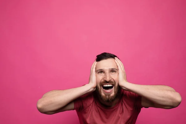 Happy Glad Young Bearded Man Shoked Great News Pink Background — Stockfoto
