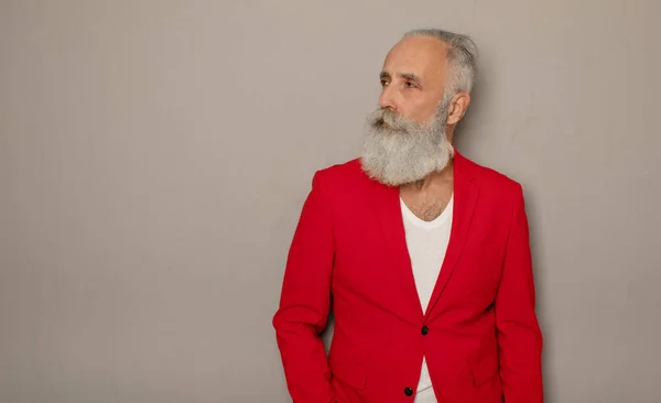 Bearded Senior Man Wearing Red Suit Grey Background Trendy Mature — 图库照片