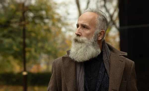 Modischer Senior Mit Grauen Haaren Und Bart Steht Draußen Auf — Stockfoto