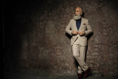 Gri arka planda duran takım elbiseli olgun iş adamının portresi. Boşluğu kopyala.
