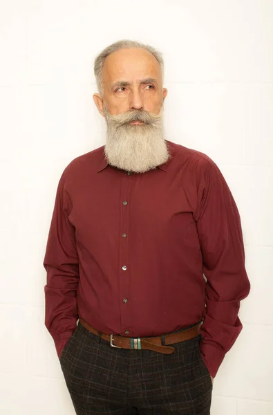 Schöner Älterer Bärtiger Mann Auf Grauem Hintergrund — Stockfoto