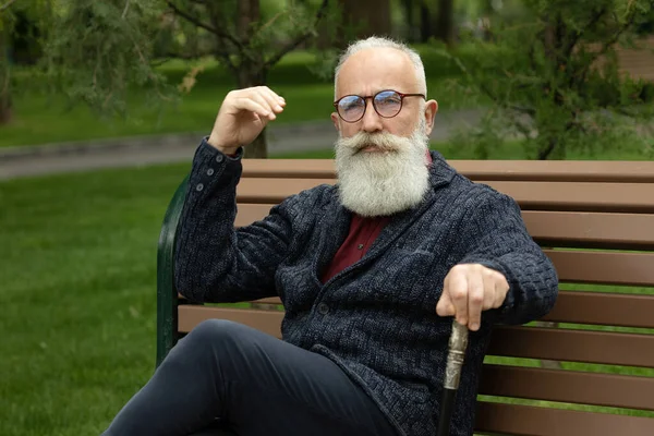 Bearded Senior Man Outdoors Elderly Man Casual Sitting Bench Sunny — Stock Photo, Image