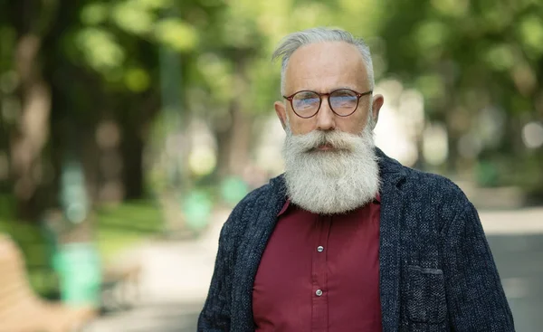 Content Senior Man Beard Wearing Glasses Outdoor — Stock Photo, Image