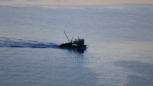 Shrimp trawler fishing in sunset — Stock Video