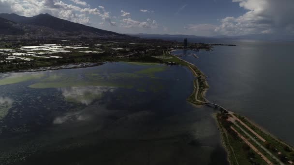 Aerial view of beautiful landscape with lagoon — Stock Video