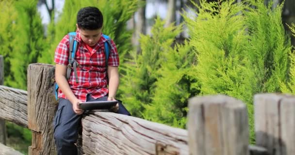 Молодий хлопчик використовує сенсорну панель на природі — стокове відео