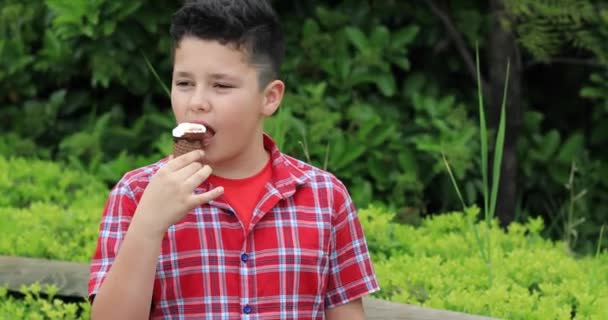 Aranyos preteen fiú élvezi jégkrémet — Stock videók
