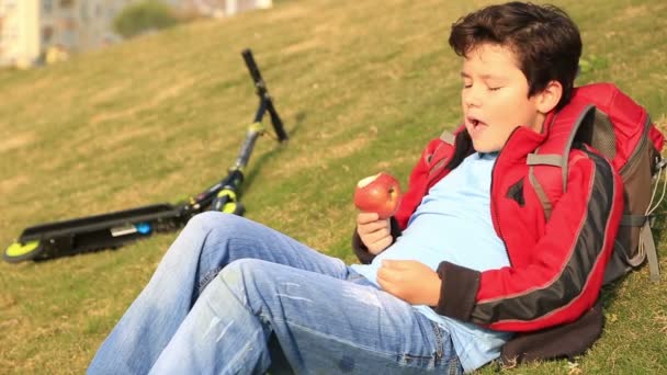 Портрет мальчика, поедающего красное яблоко на открытом воздухе — стоковое видео