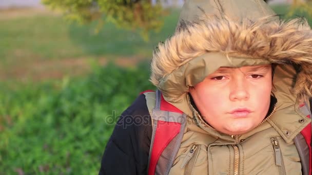 Winter portrait of young boy in warm clothes sneezing — Stock Video