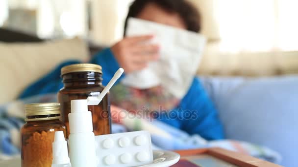 Sick child sneezing into tissue  Flu  Child caught cold — Stock Video